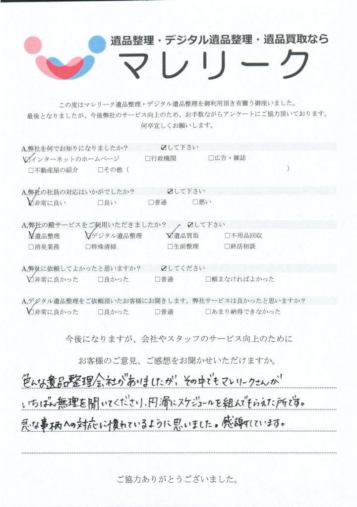 奈良県生駒市中菜畑にて遺品整理・デジタル遺品整理・遺品買取を実施した時にお客様からいただいたアンケートです。