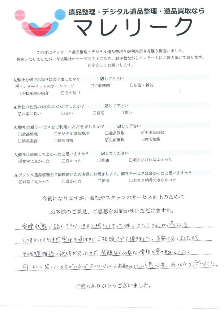 大阪府枚方市御殿山町にてデジタル生前整理・不用品回収をさせていただいた時のアンケートです