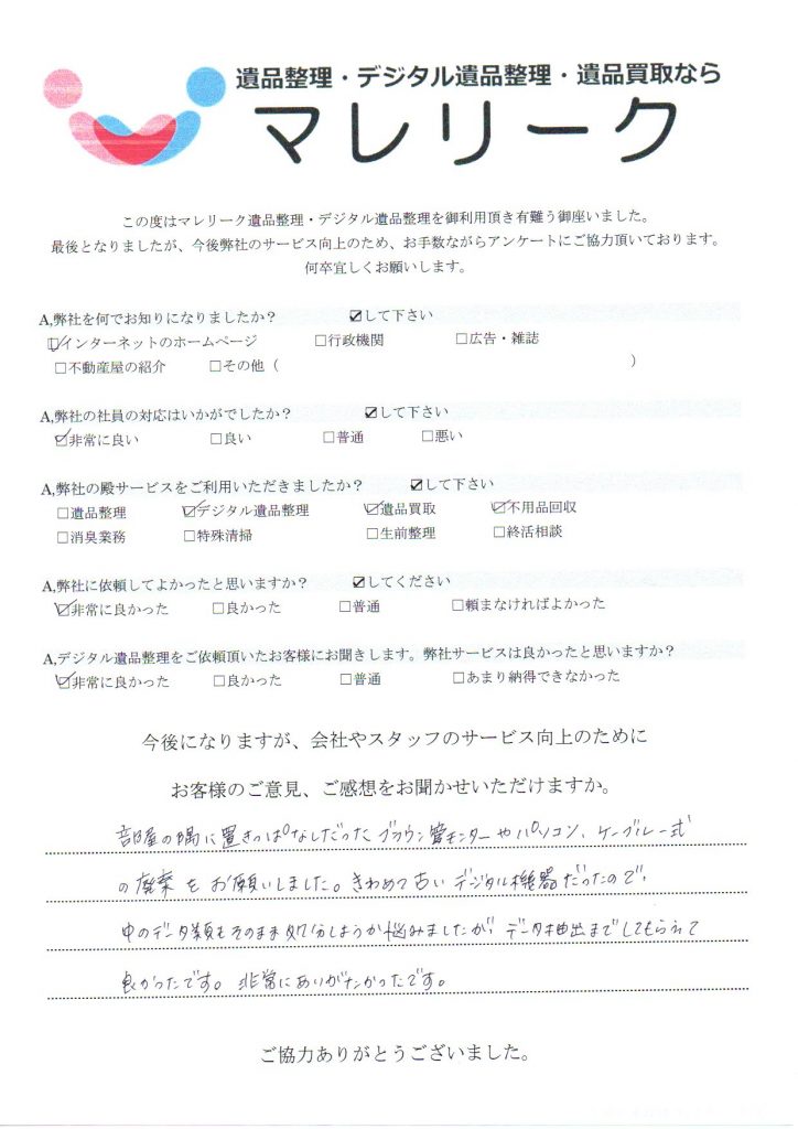 大阪府大阪市此花区伝法にてデジタル生前整理・不用品回収・買取をさせていただいた時のアンケートです