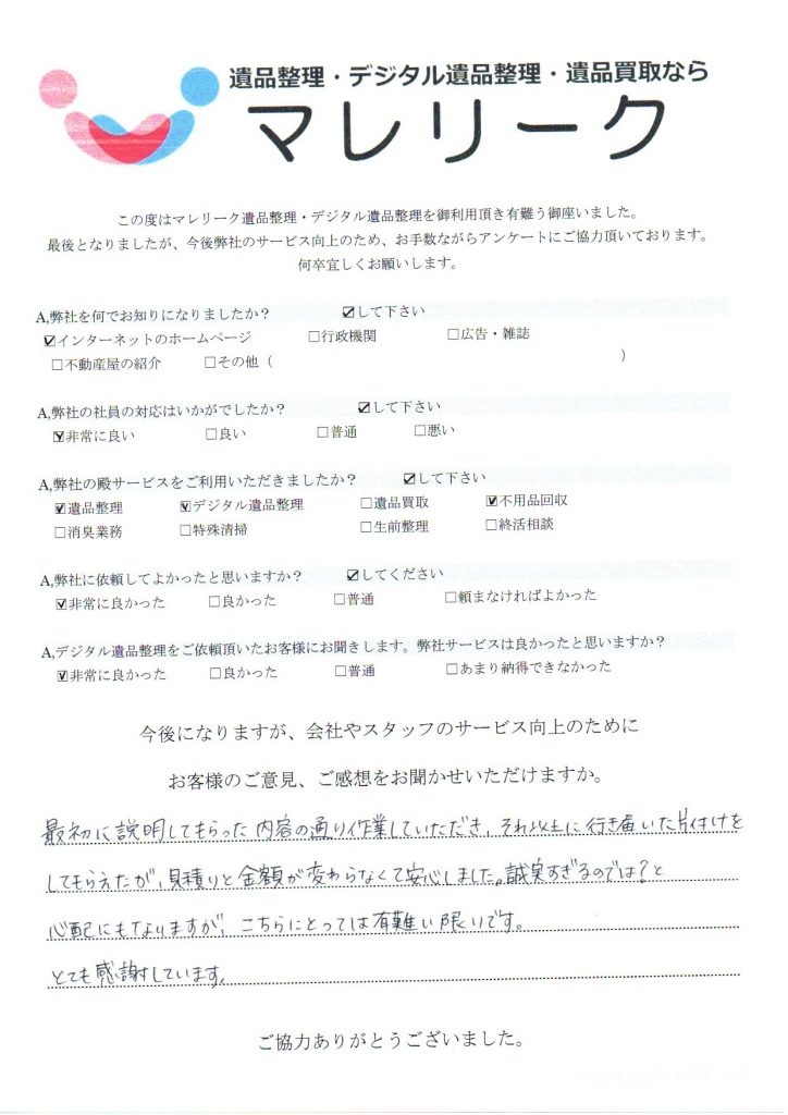 京都府京田辺市松井にて遺品整理・デジタル遺品整理・不用品回収をさせていただいた時のアンケートです