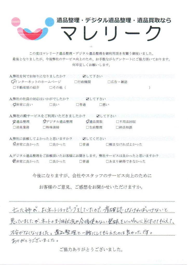 大阪府大阪市鶴見区浜にて遺品整理・デジタル遺品整理・遺品買取をさせていただいた時のアンケートです