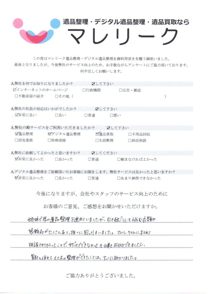 大阪府吹田市樫切山にて遺品整理・デジタル遺品整理・遺品買取をさせていただいたときのアンケートです