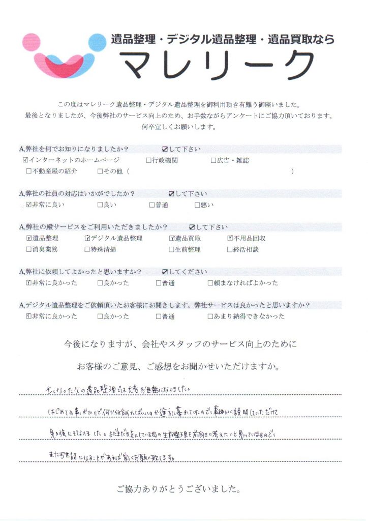 大阪府東大阪市横小路町にて遺品整理・デジタル遺品整理・遺品買取・不用品回収をさせて頂いた時のアンケートです