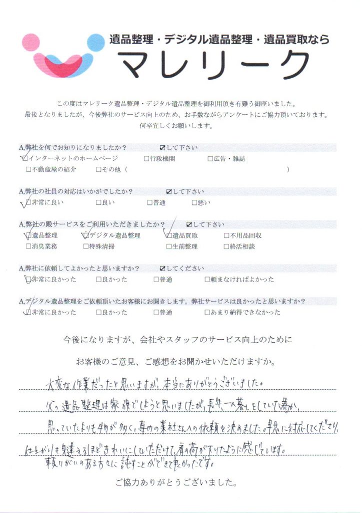 大阪府高槻市安満新町にて遺品整理・デジタル遺品整理・遺品買取をさせていただいた時のアンケートです