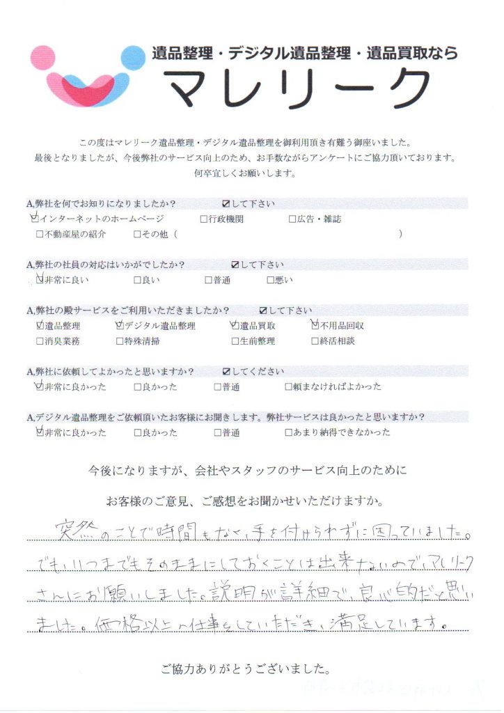 大阪府四條畷市米崎町にて遺品整理・デジタル遺品整理・遺品買取をさせていただいた時のアンケートです。