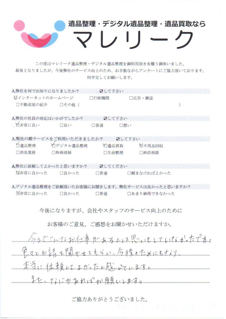 大阪府大阪市東住吉区今林にて遺品整理・デジタル遺品整理・遺品買取をさせていただいた時のアンケートです。