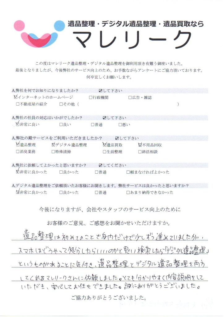 大阪府大阪市西区千代崎にて遺品整理・デジタル遺品整理・遺品買取をさせていただいた時のアンケートです。