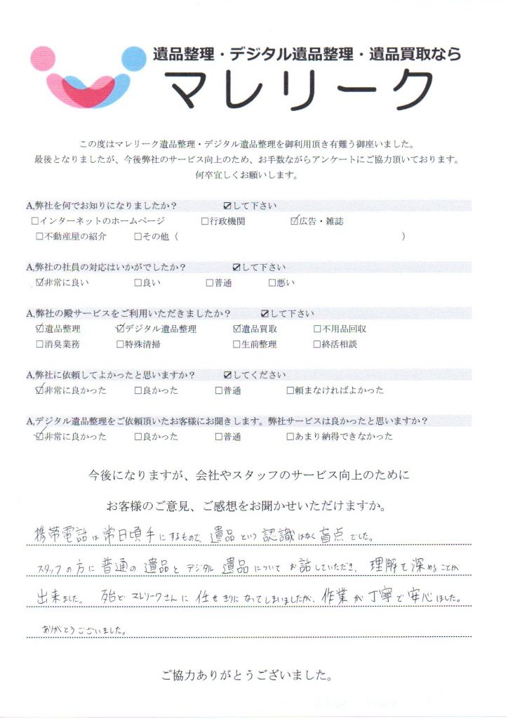 京都府城陽市久世にて遺品整理・デジタル遺品整理・遺品買取を実施した時にお客様からいただいたアンケートです。