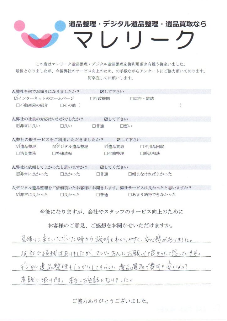 奈良県宇陀市榛原高井にて遺品整理・デジタル遺品整理・遺品買取を実施した時にお客様からいただいたアンケートです。