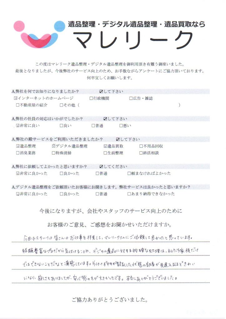 大阪府堺市美原区さつき野西にて遺品整理・デジタル遺品整理・遺品買取を実施した時にお客様からいただいたアンケートです。