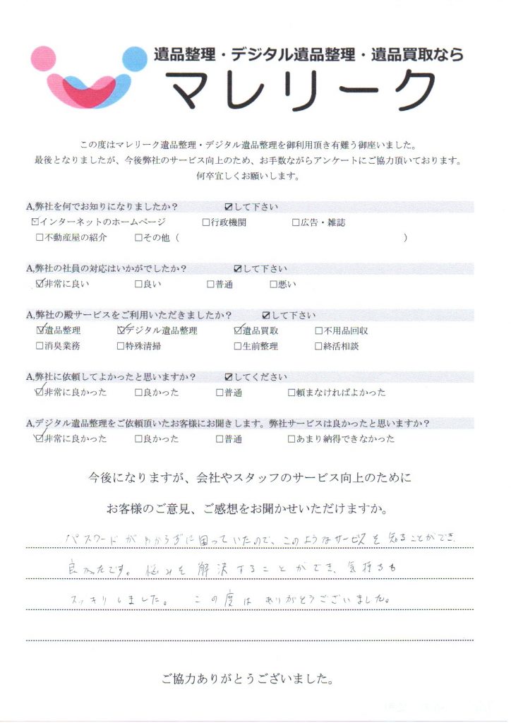 大阪府八尾市泉町にて遺品整理・デジタル遺品整理・遺品買取を実施した時にお客様からいただいたアンケートです。