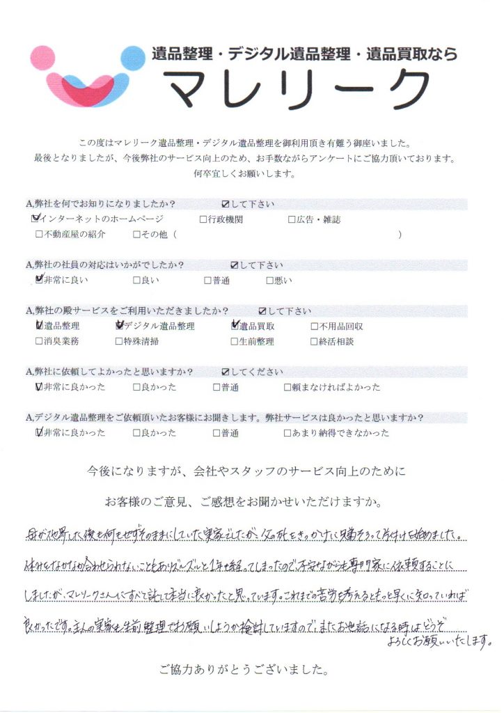 大阪府摂津市北別府町にて遺品整理・デジタル遺品整理・遺品買取を実施した時にお客様からいただいたアンケートです。