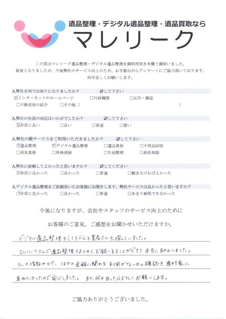 大阪府大阪市福島区大開にて遺品整理・デジタル遺品整理を実施した時にお客様からいただいたアンケートです。