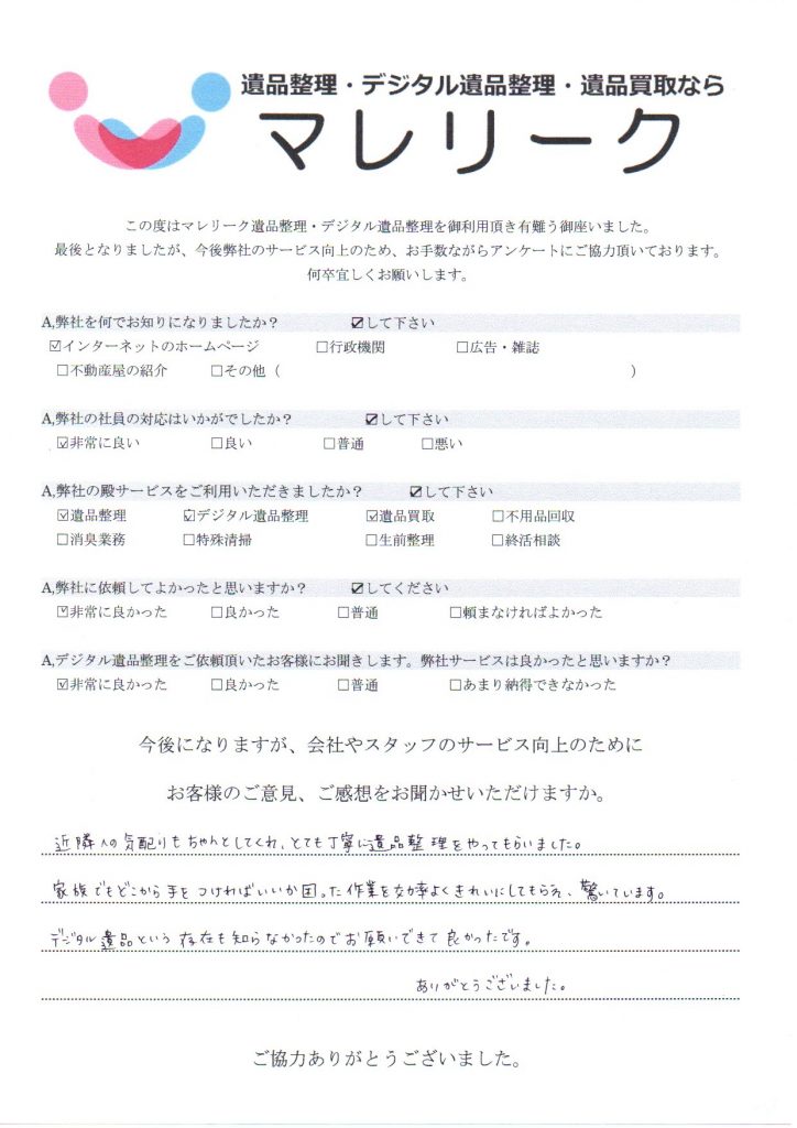 大阪府枚方市磯島茶屋町にて遺品整理・デジタル遺品整理・遺品買取を実施した時にお客様からいただいたアンケートです。