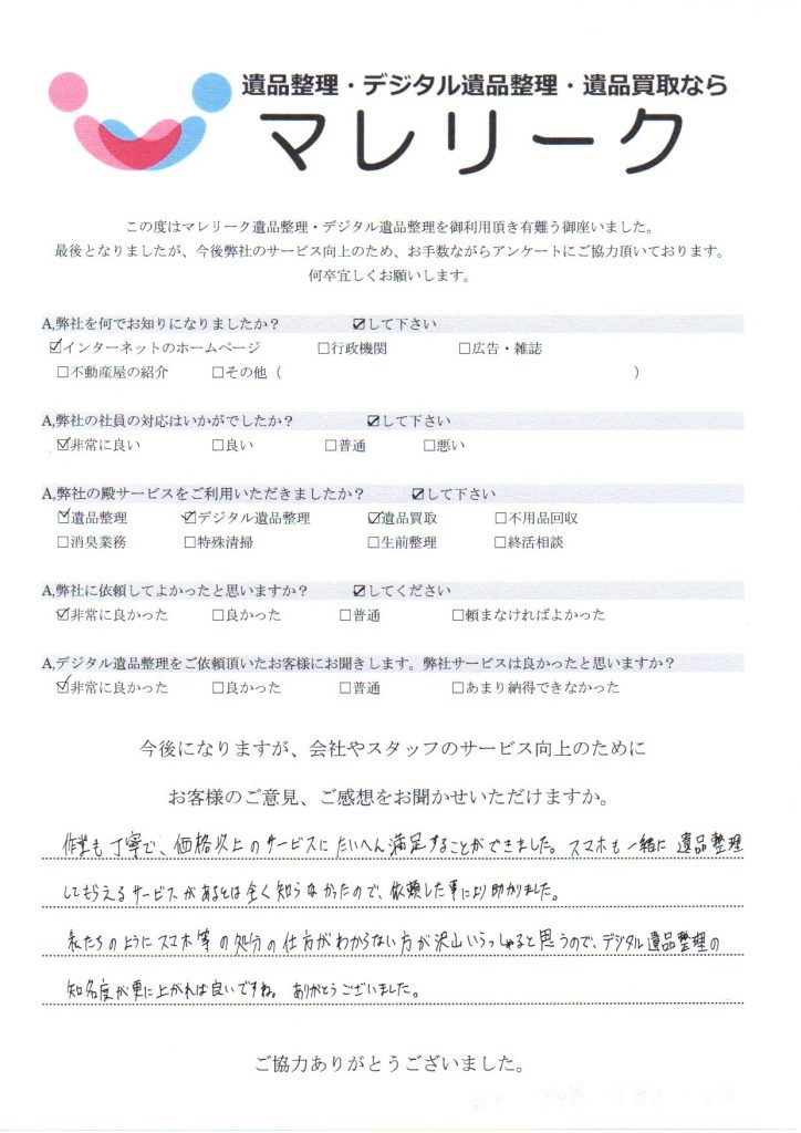 大阪府豊中市小路にて遺品整理・デジタル遺品整理・遺品買取を実施した時にお客様からいただいたアンケートです。