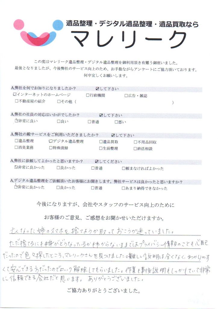 大阪府門真市上野口町にてデジタル遺品整理を実施した時にお客様からいただいたアンケートです。