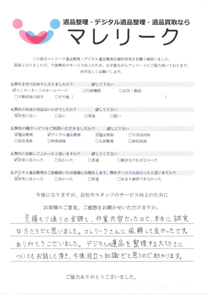 京都府舞鶴市森にて遺品整理・デジタル遺品整理・遺品買取を実施した時にお客様からいただいたアンケートです。