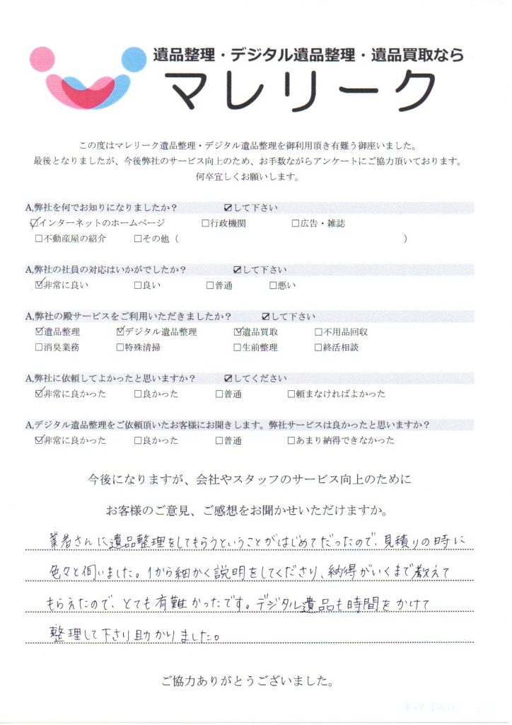 大阪府河内長野市東片添町にて遺品整理・デジタル遺品整理・遺品買取を実施した時にお客様からいただいたアンケートです。