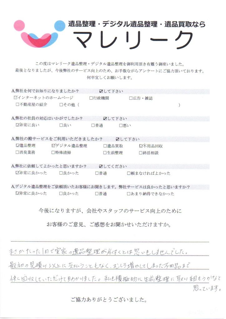 大阪府吹田市西御旅町にて遺品整理・デジタル遺品整理・不用品回収を実施した時にお客様からいただいたアンケートです。
