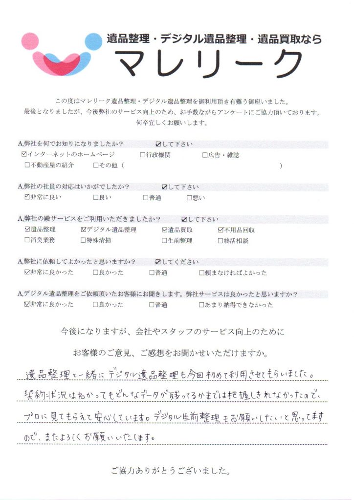 奈良県奈良市東向中町にて遺品整理・デジタル遺品整理・遺品買取・不用品回収を実施した時にお客様からいただいたアンケートです。