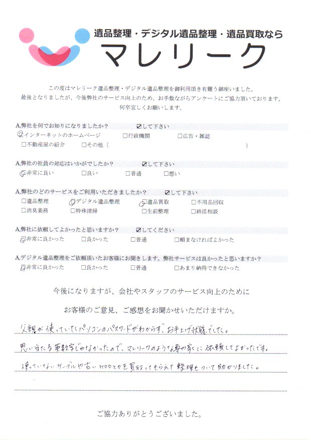 大阪市旭区生江にてデジタル遺品整理・遺品買取を実施した時にお客様からいただいたアンケートです。