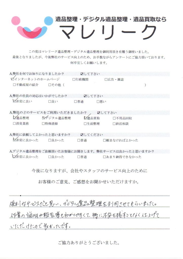 大阪府大阪市東淀川区下新庄で実施したデジタル遺品整理・遺品整理・遺品買取のアンケートです。