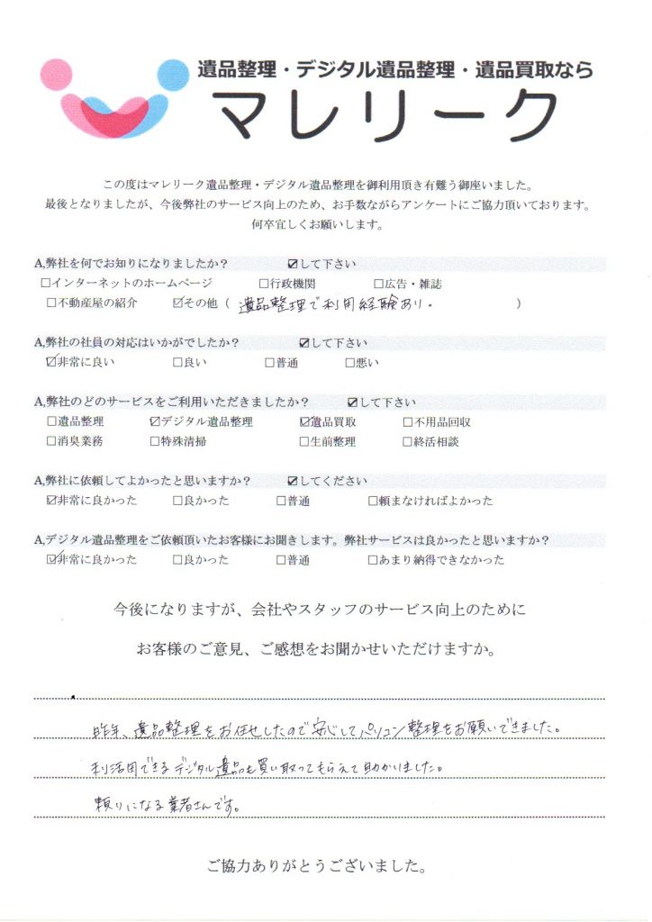 大阪府河内長野市原町で実施したデジタル遺品整理・遺品買取のアンケートです。