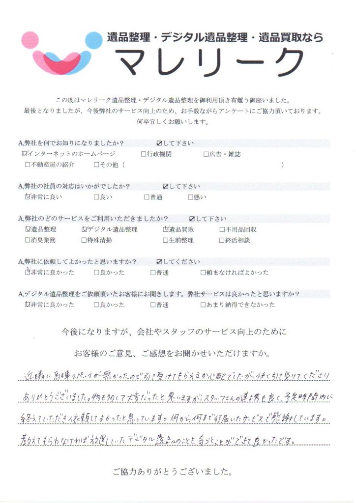 滋賀県高島市朽木桑原で実施したデジタル遺品整理・遺品整理・遺品買取のアンケートです。