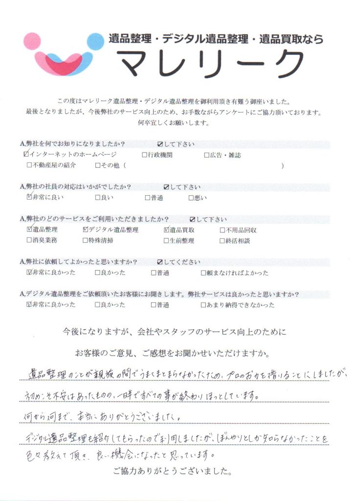 大阪府八尾市陽光園で実施したデジタル遺品整理・遺品整理・遺品買取のアンケートです。