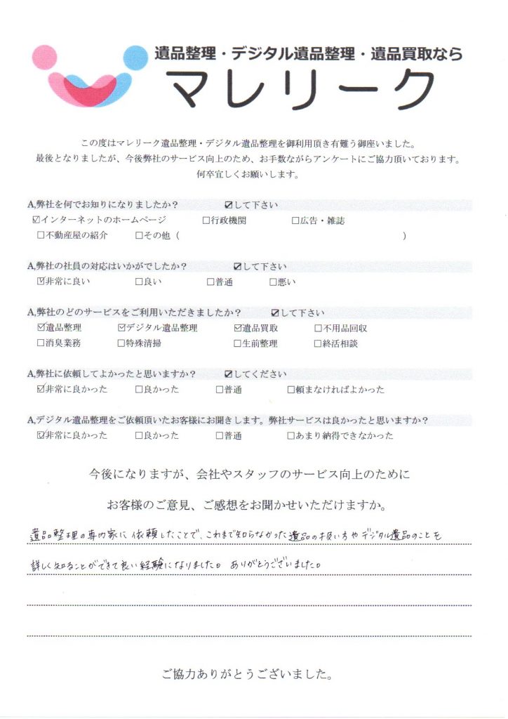 大阪府寝屋川市豊里町で実施したデジタル遺品整理・遺品整理・遺品買取のアンケートです。