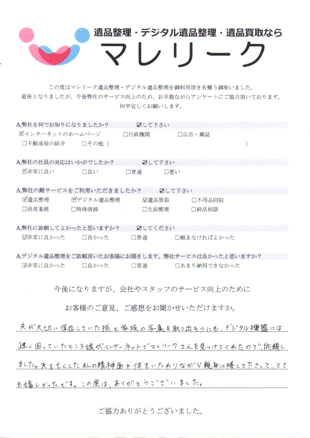 大阪府門真市下馬伏町にてデジタル遺品整理・遺品整理・遺品買取を実施した時にお客様からいただいたアンケートです。