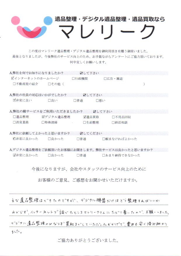 大阪府池田市宇保町にてデジタル遺品整理・遺品買取を実施した時にお客様からいただいたアンケートです。