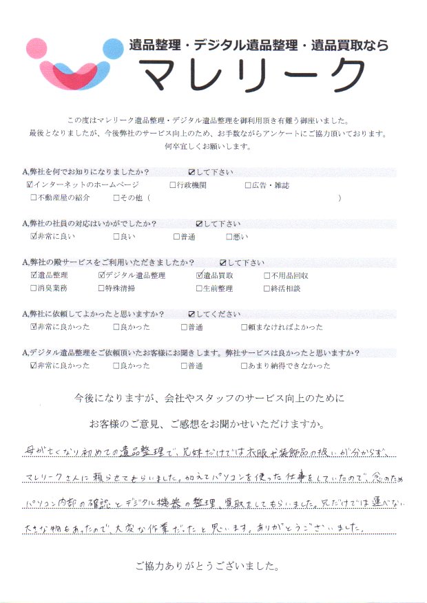 大阪府吹田市山手町にてデジタル遺品整理・遺品整理・遺品買取を実施した時にお客様からいただいたアンケートです。