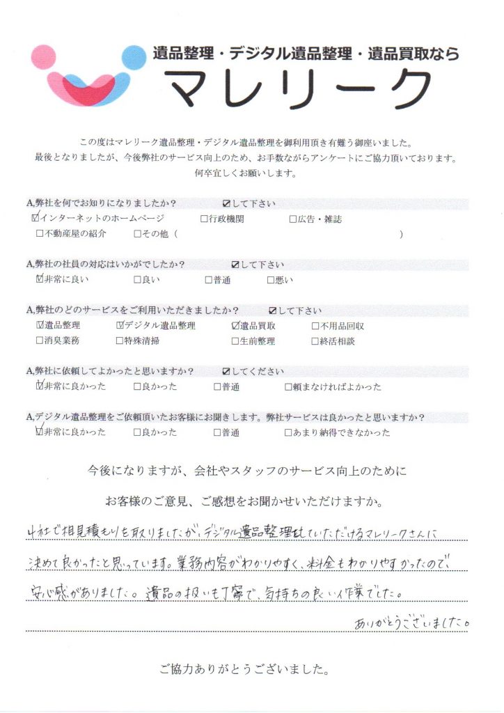 大阪府松原市丹南で実施したデジタル遺品整理・遺品整理・遺品買取のアンケートです。