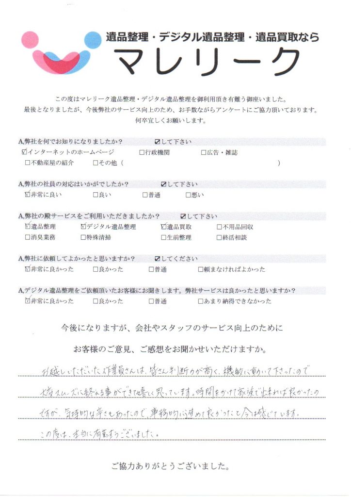 兵庫県姫路市飯田で実施したデジタル遺品整理・遺品整理・遺品買取のアンケートです。