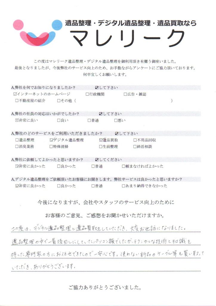 大阪府交野市森北で実施したデジタル遺品整理・遺品買取のアンケートです。