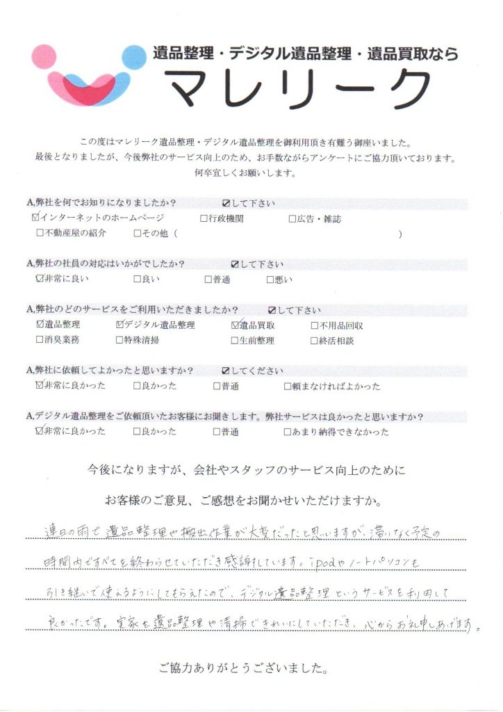 大阪府池田市豊島南で実施したデジタル遺品整理・遺品整理・遺品買取のアンケートです。