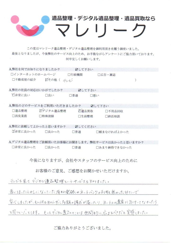 大阪府大阪市淀川区木川西で実施したデジタル遺品整理・遺品買取のアンケートです。