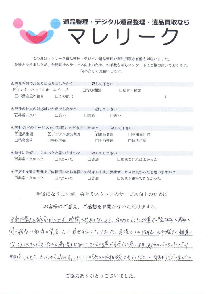 大阪府寝屋川市若葉町で実施したデジタル遺品整理・遺品整理・遺品買取のアンケートです。