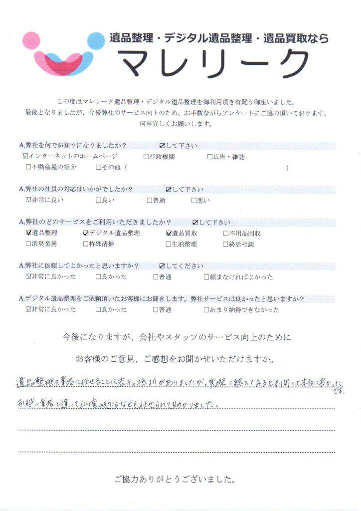 大阪府大阪市此花区梅町で実施したデジタル遺品整理・遺品整理・遺品買取のアンケートです。