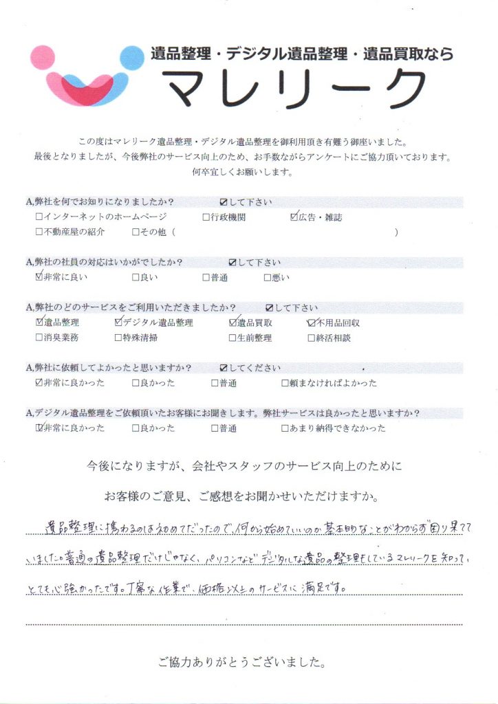 大阪府大阪市東成区玉津で実施したデジタル遺品整理・遺品整理・遺品買取・不用品回収のアンケート紹介